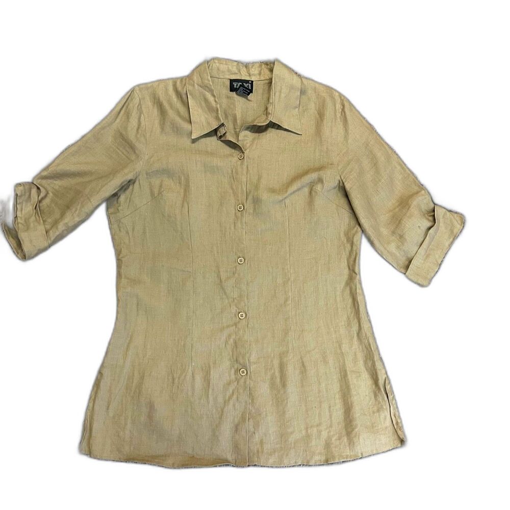 Vintage 90s Womens Taxi Tan Linen Roll-Tab Sleeve Shaped Button-Up Shirt Size L